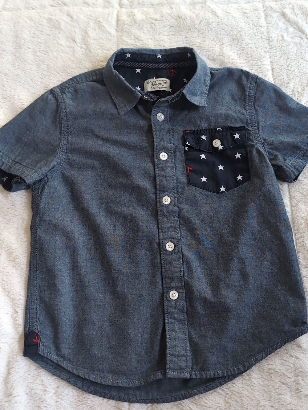 Original Penguin Boys Chambray Button-Down Shirt with Star Pocket - Blue